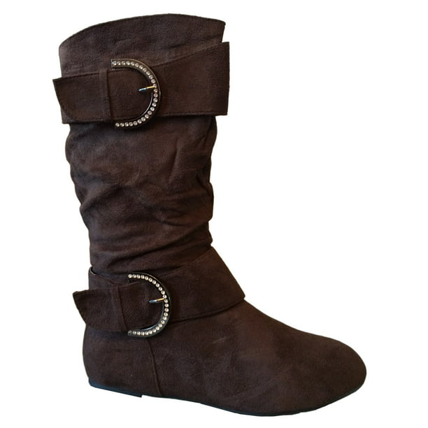 11 12 &  2 Details about   New Girl's Kids Flat Mid-Calf Brown Flat Boots 10